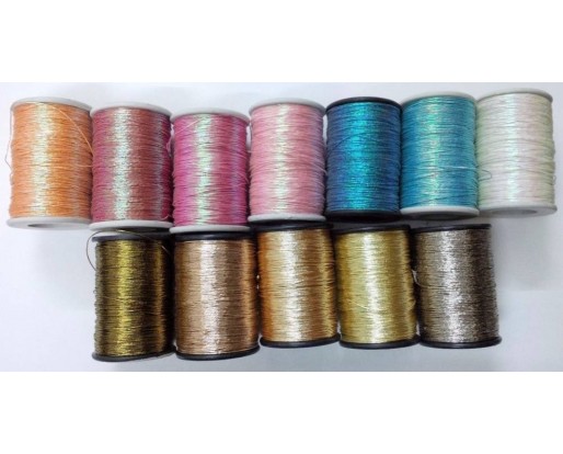 LOT SET of 12 COLORS - 120 Yards per Spool - Lurex Zari Jari Sparkle Shiny Thread Yarn Cord Dori - For Crochet Jewelry Handicraft Knitting Artwork DIY